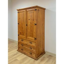 Load image into Gallery viewer, Vintage Armoire Knotty Pine Mexican Iron Hardware Coat Rack Three Drawer
