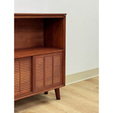 Load image into Gallery viewer, Vintage Handmade MCM Style End Table, Red Stained Wood Sliding Doors, Book Case
