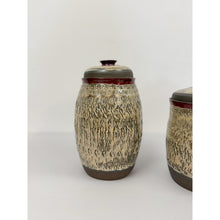 Load image into Gallery viewer, Studio Pottery Speckled Brown Jar Pair Red Detail Lids Vintage MCM
