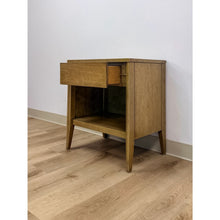 Load image into Gallery viewer, Mid Century Nightstand Single Drawer Open Cubby Gray Wood Tone Tapered Leg
