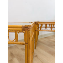 Load image into Gallery viewer, Vintage Rattan End Table Pair Arched Inlay Glass Top Coastal Boho MCM
