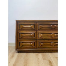 Load image into Gallery viewer, Vintage MCM Nine Drawer Dresser with Bowtie Inlay Retro Walnut Bedroom Storage
