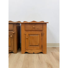 Load image into Gallery viewer, Pair of Rustic Pine Nightstands Drawer Arched Cabinet Door Scalloped European
