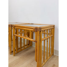Load image into Gallery viewer, Vintage Rattan End Table Pair Arched Inlay Glass Top Coastal Boho MCM
