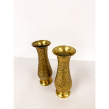 Load image into Gallery viewer, Pair of Vintage Hand Etched Brass Flower Vase Hollywood Regency Vessels MCM

