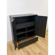 Load image into Gallery viewer, Bobby Berk Modern Black Tallboy Cabinet, Beige Oval Cane Inlay MCM Style
