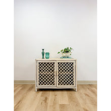 Load image into Gallery viewer, Vintage Cream Rattan Lattice Cabinet Coastal Tropical Hollywood Regency
