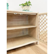 Load image into Gallery viewer, Vintage Cream Rattan Lattice Cabinet Coastal Tropical Hollywood Regency
