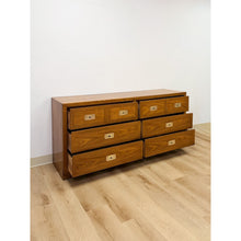 Load image into Gallery viewer, Vintage MCM Dixie Act 2 Campaign Style Dresser Brass Pulls Warm Wood Tone Lowboy
