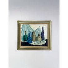 Load image into Gallery viewer, Vintage Original Oil Painting Still Life Bottles Jugs, Framed Art, Canvas, Blue
