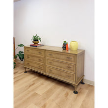 Load image into Gallery viewer, Vintage MCM Gray Washed Blonde Dresser Six Drawer With Metal Handles
