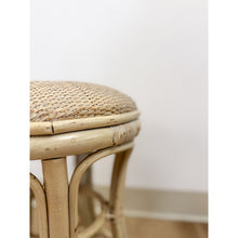 Load image into Gallery viewer, Vintage Lightwash Rattan Stool Woven Wicker Seat Coastal Hollywood Regency
