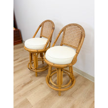Load image into Gallery viewer, Vintage Coastal Hollywood Regency Caned Rattan Swivel Barstools Counter Height
