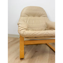 Load image into Gallery viewer, Danish Made Tan Leather Cantilever Armchair Vintage MCM Natural Wood Accent
