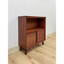 Load image into Gallery viewer, Vintage Handmade MCM Style End Table, Red Stained Wood Sliding Doors, Book Case
