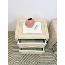 Load image into Gallery viewer, Pair of Vintage Pencil Reed Rattan Nightstand Coastal Hollywood Regency Tables

