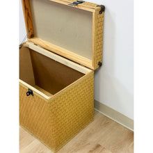 Load image into Gallery viewer, Vintage Blonde Woven Wicker Chest, Brass Clamp Hardware Storage, Coastal Trunk
