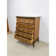 Load image into Gallery viewer, Dixie MCM Tallboy Dresser Woven Drawer Fronts Brass Pulls Vintage Furniture
