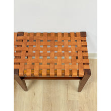 Load image into Gallery viewer, Vintage Bench Woven Leather Wood Two Seater Rustic MCM Entryway Accent Seat
