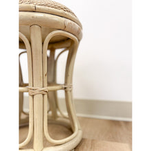 Load image into Gallery viewer, Vintage Lightwash Rattan Stool Woven Wicker Seat Coastal Hollywood Regency
