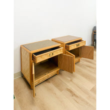 Load image into Gallery viewer, Coastal Bamboo Parquet Nightstand Pair Glass Top Hollywood Regency MCM
