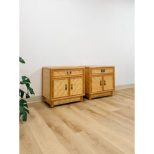 Load image into Gallery viewer, Coastal Bamboo Parquet Nightstand Pair Glass Top Hollywood Regency MCM
