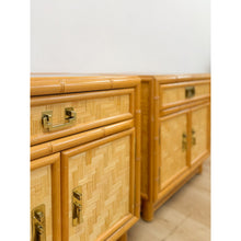 Load image into Gallery viewer, Coastal Bamboo Parquet Nightstand Pair Glass Top Hollywood Regency MCM
