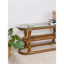 Load image into Gallery viewer, Vintage Coastal Curved Twisted Pencil Reed Console Table W/ Thick Glass Oval Top

