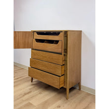Load image into Gallery viewer, Mid Century Tallboy Dresser MCM Five Drawer Brass Accent Warm Gray Tone Wood
