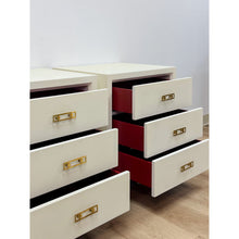 Load image into Gallery viewer, Pair of Mitchell Gold &amp; Bob Williams White Nightstands, Red Drawers Brass Pulls

