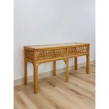Load image into Gallery viewer, Vintage Coastal Wicker Rattan Console Table Woven Lattice Glass Top Beige Boho
