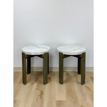 Load image into Gallery viewer, Vintage Round End Tables Beige Marble Top Gray Metal Base Pair Modern Accent
