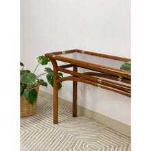 Load image into Gallery viewer, Dark Bentwood Brass Console Table Glass Top Vintage MCM Sofa Table
