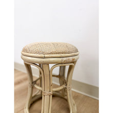 Load image into Gallery viewer, Vintage Lightwash Rattan Stool Woven Wicker Seat Coastal Hollywood Regency
