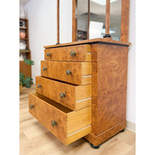 Load image into Gallery viewer, Vintage Faux Burlwood Traditional Entry Console Mirror 4-Drawer Brass Cabinet
