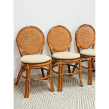 Load image into Gallery viewer, Cane Rattan Round Dining Chair Set Four Cushion Coastal Hollywood Regency
