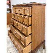 Load image into Gallery viewer, Dixie MCM Tallboy Dresser Woven Drawer Fronts Brass Pulls Vintage Furniture
