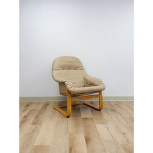 Load image into Gallery viewer, Danish Made Tan Leather Cantilever Armchair Vintage MCM Natural Wood Accent
