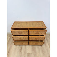 Load image into Gallery viewer, Vintage Coastal Bamboo Six Drawer Dresser Wicker Inlay Storage Regency Chest
