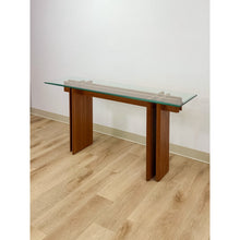 Load image into Gallery viewer, Vintage MCM Danish Teak Puzzle Console Table Glass Top Mid Century Entry Table
