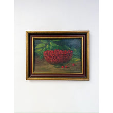 Load image into Gallery viewer, Antique Oil Painting Still Life Bowl of Cherries, Gold Frame Art, Green Accents

