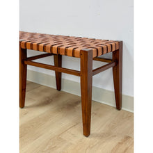 Load image into Gallery viewer, Vintage Bench Woven Leather Wood Two Seater Rustic MCM Entryway Accent Seat
