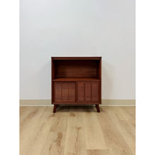 Load image into Gallery viewer, Vintage Handmade MCM Style End Table, Red Stained Wood Sliding Doors, Book Case
