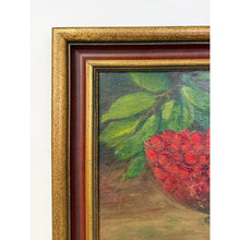 Load image into Gallery viewer, Antique Oil Painting Still Life Bowl of Cherries, Gold Frame Art, Green Accents

