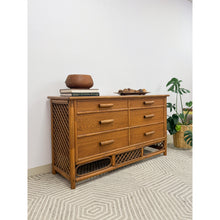 Load image into Gallery viewer, Vintage Petite Rattan 6-Drawer Dresser with Lattice Sides Coastal Boho MCM
