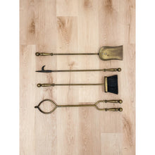 Load image into Gallery viewer, Vintage Brass Fireplace Tool Set 4 Piece Stand Broom Poker Tong Rustic Farmhouse
