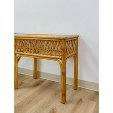 Load image into Gallery viewer, Vintage Coastal Wicker Rattan Console Table Woven Lattice Glass Top Beige Boho
