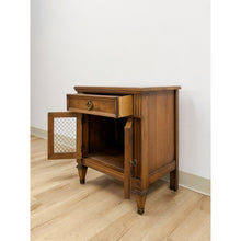 Load image into Gallery viewer, MCM Transitional Nightstand with Iron Grate Doors Single Drawer Vintage Ornate
