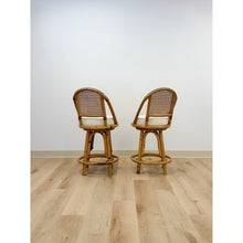 Load image into Gallery viewer, Vintage Coastal Hollywood Regency Caned Rattan Swivel Barstools Counter Height
