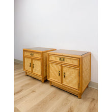 Load image into Gallery viewer, Coastal Bamboo Parquet Nightstand Pair Glass Top Hollywood Regency MCM
